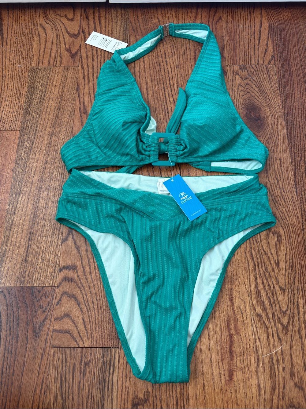 Cupshe High-Rise Green Halter Bikini Set Bottom Size Medium Top Size Large New